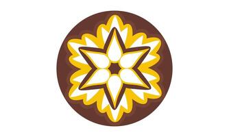 Abstract Floral Icon with Six Petals in Brown, Yellow, and White on Circular Background vector