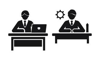 Teamwork Icon with Two Businessmen, Computers, and Gear Mechanism vector