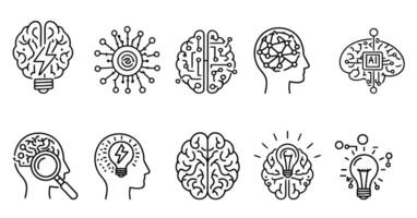 Brain and AI Technology Icon Set Innovation, Intelligence, and Neural Network Line Art vector