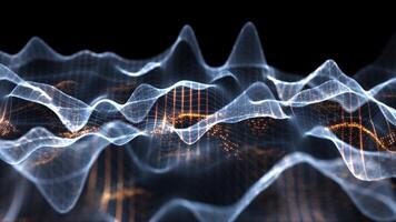 3D Abstract Background Animation, Abstract colourful waves seamless loop. Background with abstract waveform made of blue particles and orange yellow curvy lines. Animated 3D screensaver for futuristic video