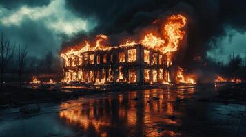 Burning building reflecting in flooded street at night photo