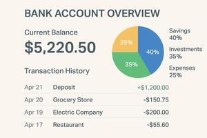 Bank account interface with pie chart and recent transactions vector