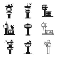 Flight control tower icon set in flat style. Navigation monitor illustration on isolated background. Airport building sign business concept. vector