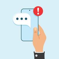 Hand holding smartphone with speech bubble and red exclamation mark vector
