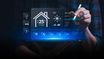 Businessman Using Smart Home Interface on Transparent Screen to Control Temperature, Lighting, and Smart Devices with Innovative Home Automation Technology for Comfort and Energy Efficienc photo