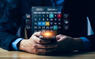 Event planner timetable agenda plan for 2025 on futuristic smart calendar interface, managing schedules, appointments, reminders efficiently with advanced digital technology for seamless organization photo