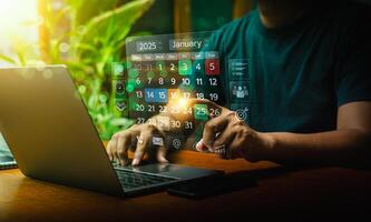Event planner timetable agenda plan on a digital interface for 2025, managing schedules, appointments, reminders efficiently with smart technology for seamless organization and time managemen photo
