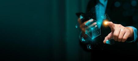 Blockchain technology and decentralized finance concept with a businessman interacting with a futuristic digital network, symbolizing cryptocurrency, fintech, security, and data transactions photo
