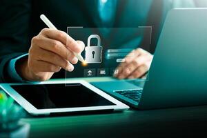 Businessman Using Stylus for Digital Login with Secure Padlock Icon, Emphasizing Cybersecurity, Data Protection, and Access Authentication in a Technology Driven Workspace photo