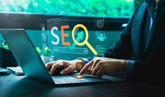 Digital Marketing Expert Analyzing SEO Strategies on Laptop with Futuristic Virtual Interface, Highlighting Search Engine Optimization, Website Ranking, Online Growth, Effective Business Visibilit photo