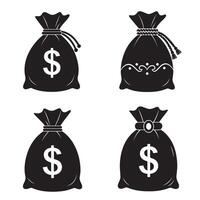 High detail Doller icon money bag silhouette illustration 4 set design showing economic and business icon elements used in budget planning accounting and finance web interfaces vector