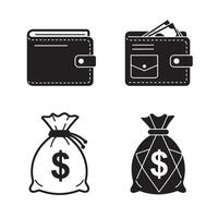 Graphic leather wallet money bag silhouette 4 set design showing secure money symbol icons for mobile banking digital finance investment budget and business transaction visuals vector