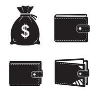 Leather wallet money bag silhouette 4 set design with clean modern finance icon elements ideal for savings banking mobile finance and secure transaction graphic illustrations vector