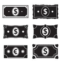 High contrast dollar taka silhouette illustration 4 set design showing economic icons for financial systems business branding mobile wallet apps and personal budgeting use vector