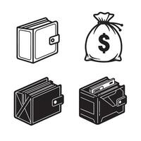 Flat leather wallet money bag silhouette 4 set design including bold icon elements for finance services savings mobile money storage digital transaction and wallet branding use vector