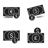 Clean dollar taka silhouette illustration 4 set design showing black money symbols used in global finance mobile wallet international banking and business application graphics vector