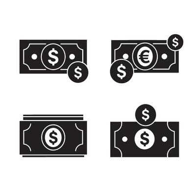 Dollar taka silhouette illustration 4 set design with flat black shapes for economic software interface banking management currency exchange savings planner and fintech services