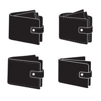 Leather wallet money bag silhouette 4 set design includes flat black icon shapes ideal for finance banking e wallet mobile payments savings and personal budget management design projects vector