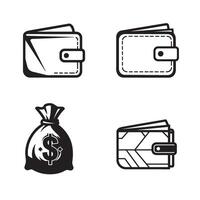Leather wallet money bag silhouette 4 set design useful for financial business icon collection payment processing secure digital finance mobile wallet and cash transaction branding vector