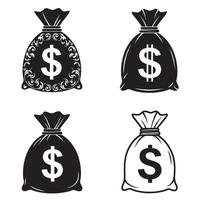 Professional Doller icon money bag silhouette illustration 4 set design with strong contrast and simple style for savings management secure finance transaction and digital money apps vector