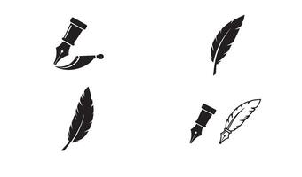 Hand drawn style pen and quill signature logo set in elegant line art for writing design business vector
