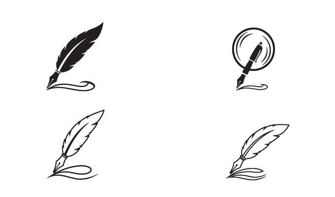 Signature logo design set with pen and quill symbol in elegant silhouette for branding identity
