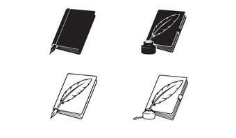 Notebook and pen logo set with elegant quill symbol in silhouette for premium writing identity vector