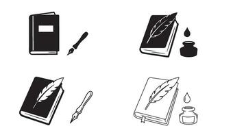 Premium writing logo set with notebook pen and quill design in elegant line art illustration vector