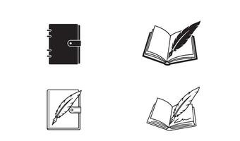 Signature style notebook with pen and quill logo set silhouette art for branding and identity vector