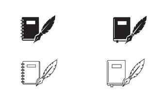 Quill pen notebook and signature logo symbol set in hand drawn silhouette for artistic branding vector