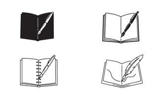 Signature logo set with notebook and quill pen design in minimal line art for author branding vector