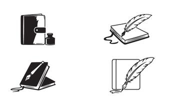 Signature identity logo set with notebook pen and quill in silhouette for literature branding vector