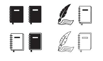 Silhouette logo set featuring pen quill and notebook for classic branding identity or design pack vector