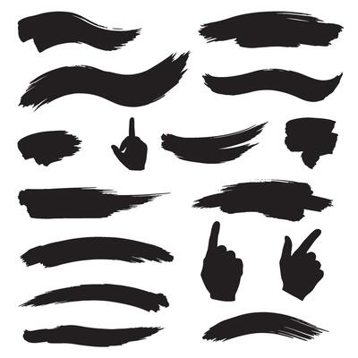 Artistic brush paint stroke elements in silhouette bundle with decoration ornaments for design use