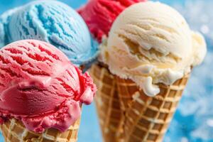 Artisan Ice Cream Cones in Red, White, and Blue Scoops for Summer Design photo