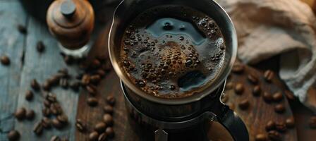 Cozy Coffee Moment. French Press Brew with Beans and Linen Touch for Home Cafe Vibes photo