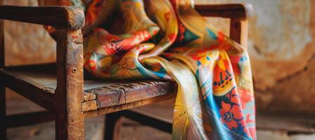 Vibrant Silk Scarf Draped on Rustic Wooden Chair in Soft Daylight for Artistic Decor Design photo