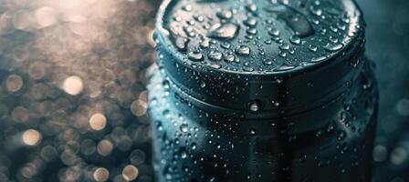 Close-Up of Stainless Steel Water Bottle with Condensation Under Soft Light for Eco-Friendly Design photo