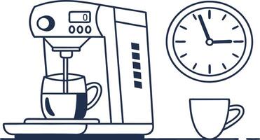 Coffee Machine Preparing Brew in a Cozy Kitchen Setting With Clock Showing Morning Time vector