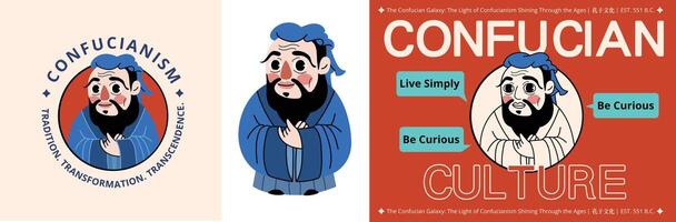 Cartoon style Confucius character Illustrations with cultural symbols and slogans on Confucian philosophy and values vector
