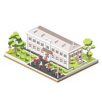 Isometric view of museum building. Beautiful classical building with columns. Bushes in a row. Trees and benches. People walking around. vector