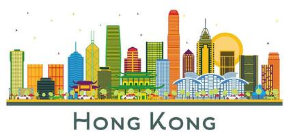 Hong Kong China City Skyline with Color Buildings isolated on white. Business Travel and Tourism Concept with Modern Architecture. Hong Kong Cityscape with Landmarks. vector