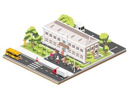 Isometric view of museum building. Beautiful classical building with columns. Bushes in a row. Cars, trees and benches. People walking around. vector