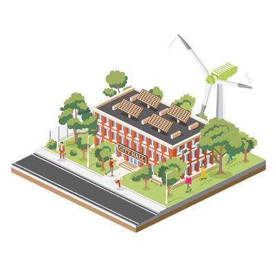 Isometric illustration of a city hall or town hall building with solar panels and wind turbine. Building isolated on white background. Trees and benches. Ecology concept.