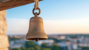 A bell hanging from a rope photo