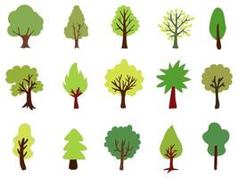 Collection of green flat trees Icon silhouette isolated on white background. vector