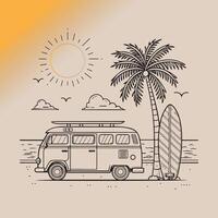 Relaxing Beach Scene Line Art with Surfboards, Palm Tree, Van, Ocean, and Sunset vector
