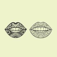 Detailed Artistic Line Drawings of Patterned Lips on Light Green Background - Unique Decorative Designs vector