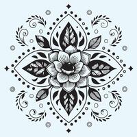 Black and White Intricate Mandala Design on Light Blue Background - Symmetrical Flower Patterns vector