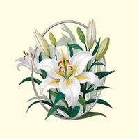 Intricate White Lily Illustration with Buds and Leaves on Light Yellow Background - Elegant Botanical Art vector